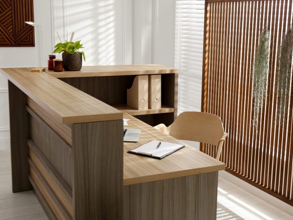 Receptionist's workplace with laptop in hotel. Interior design